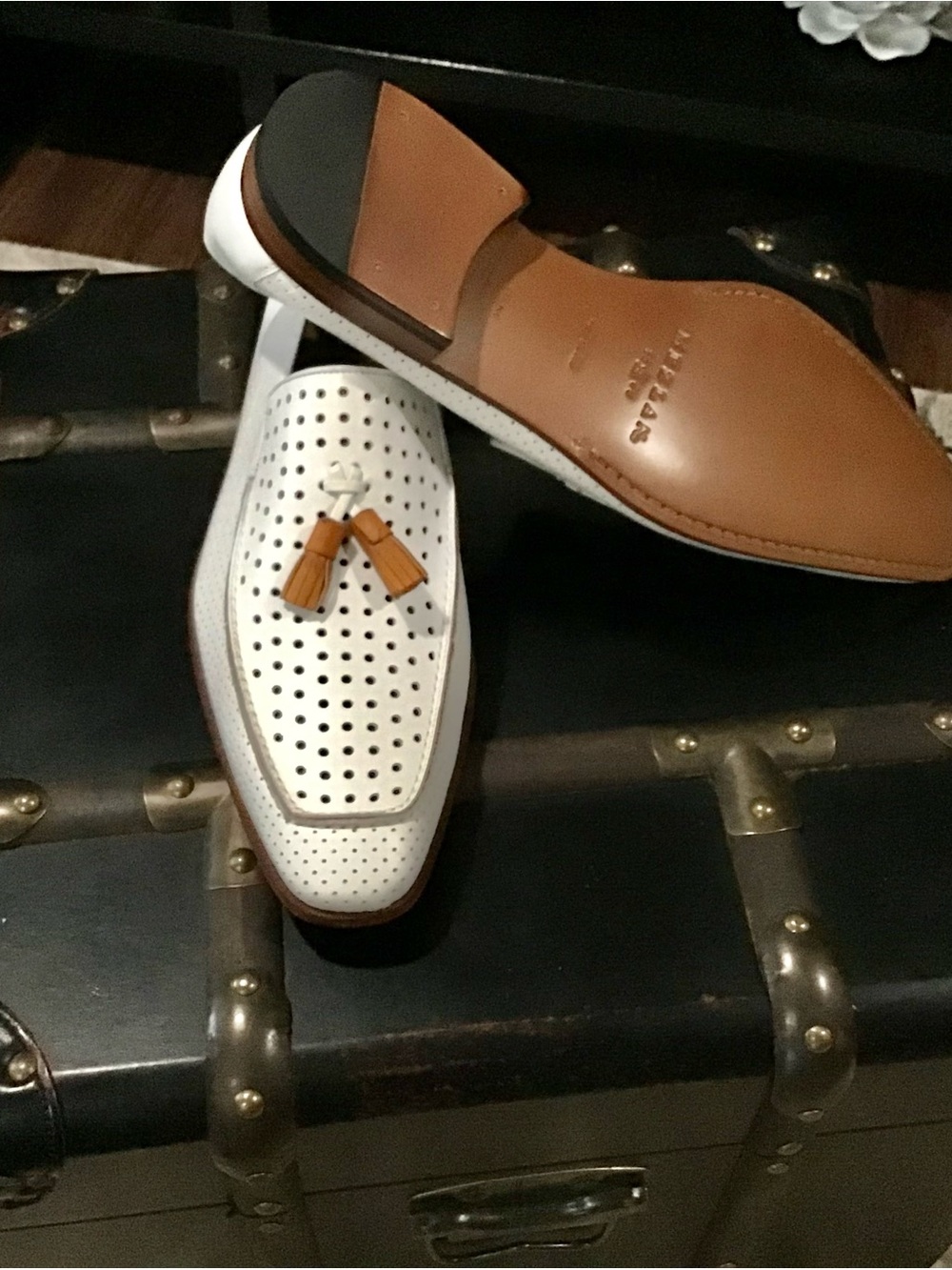 Mezlan White Perforated Leather Tassel Loafers with Tan Accents